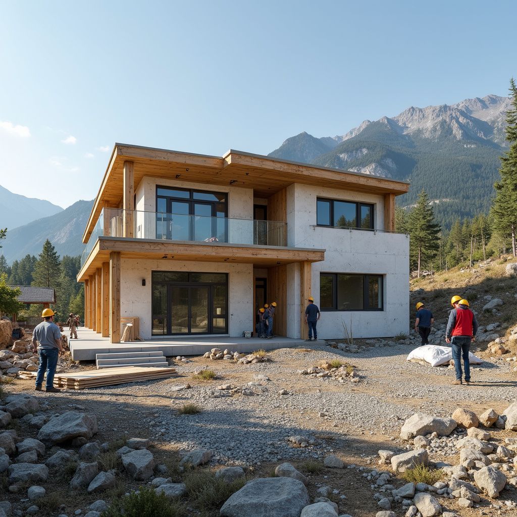 Modern two-story house under construction, framed with wood, in a mountain setting with workers present.