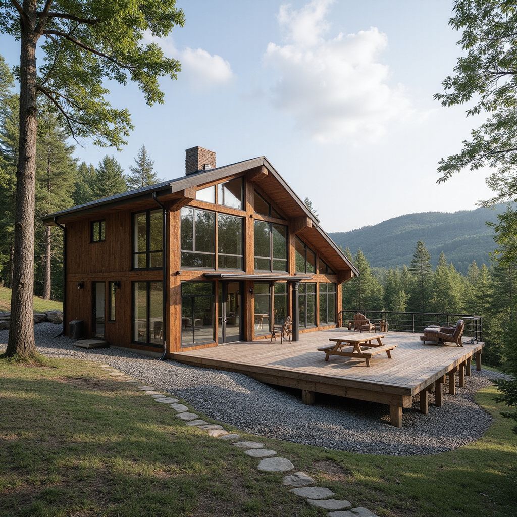 Wooden cabin with large windows and a wraparound deck surrounded by trees and a mountain in the distance.