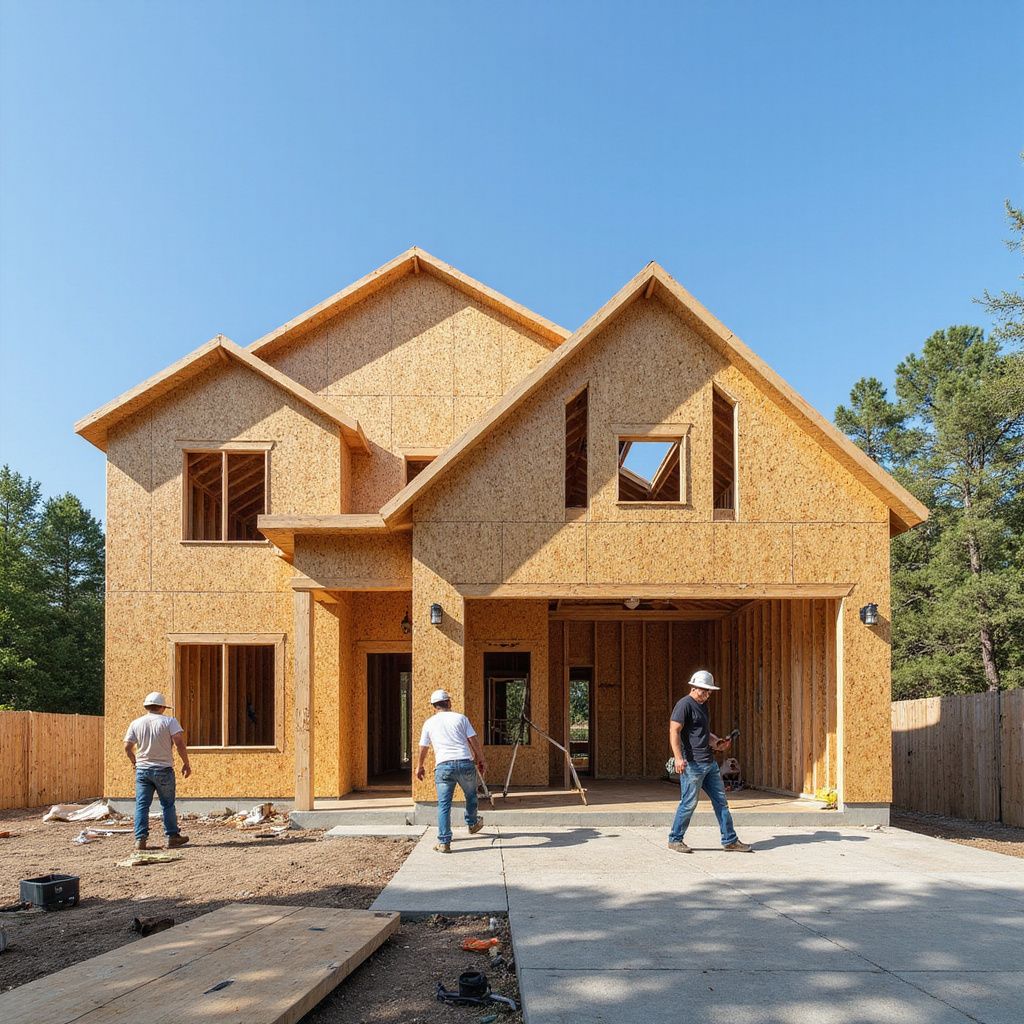 House under construction; three workers near the frame. Wooden siding, blue sky.