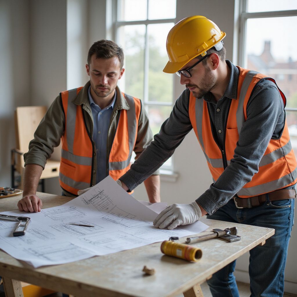 Two construction workers in vests and hard hats review blueprints on a table indoors.