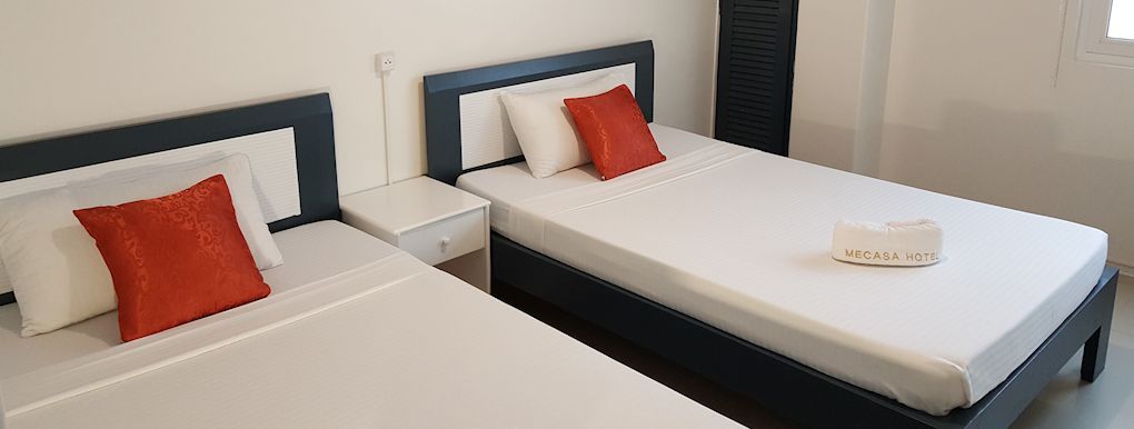 There are two beds in the room with red pillows on them.