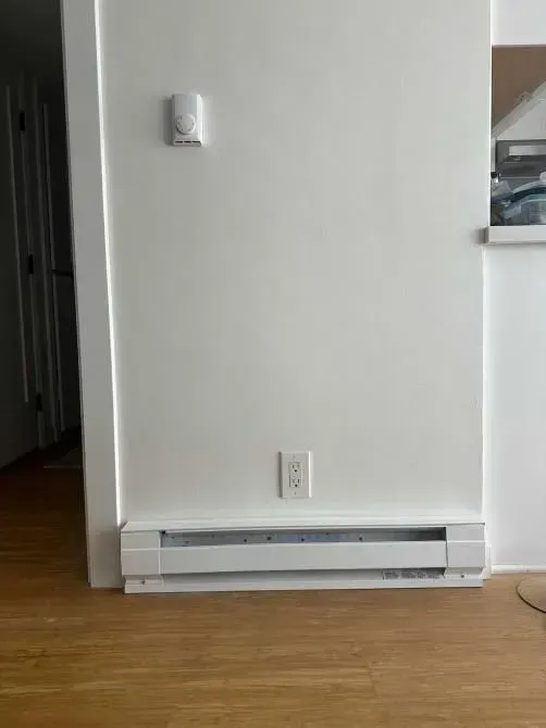 Interior wall with electrical outlets, a baseboard heater, and hardwood floor near a doorway