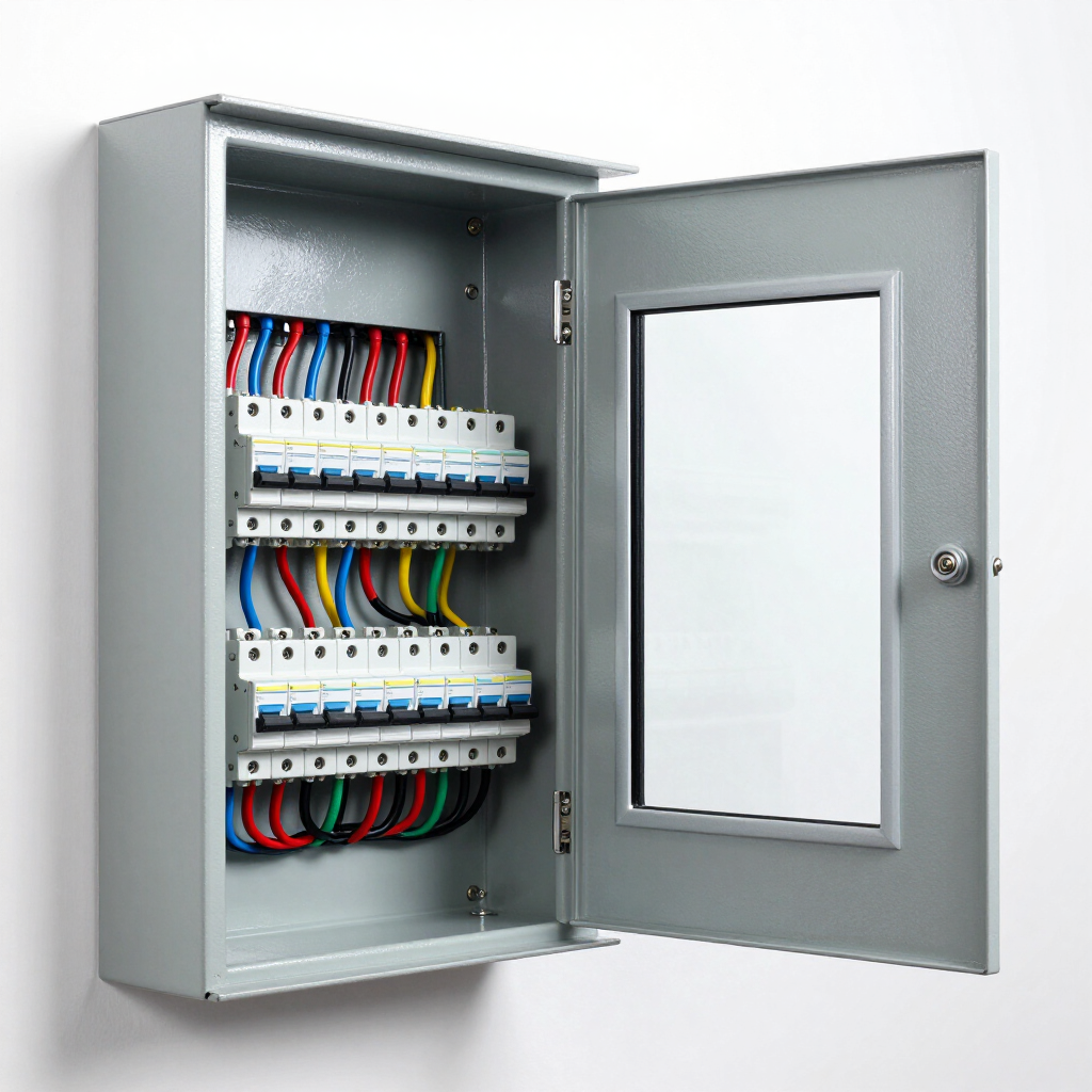 Open electrical panel with circuit breakers and colored wires inside a gray metal cabinet