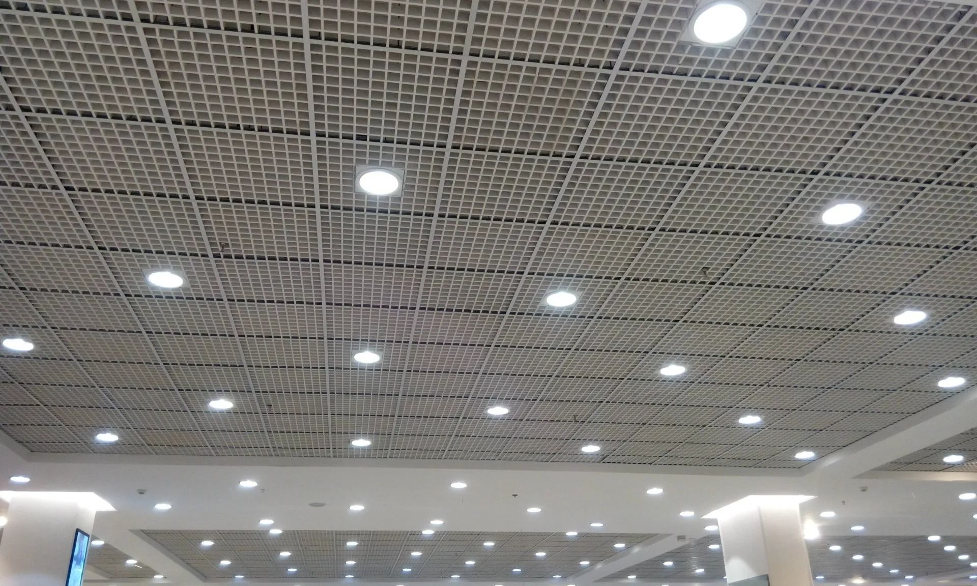 Ceiling with a grid pattern and rows of bright round recessed lights in a large indoor space
