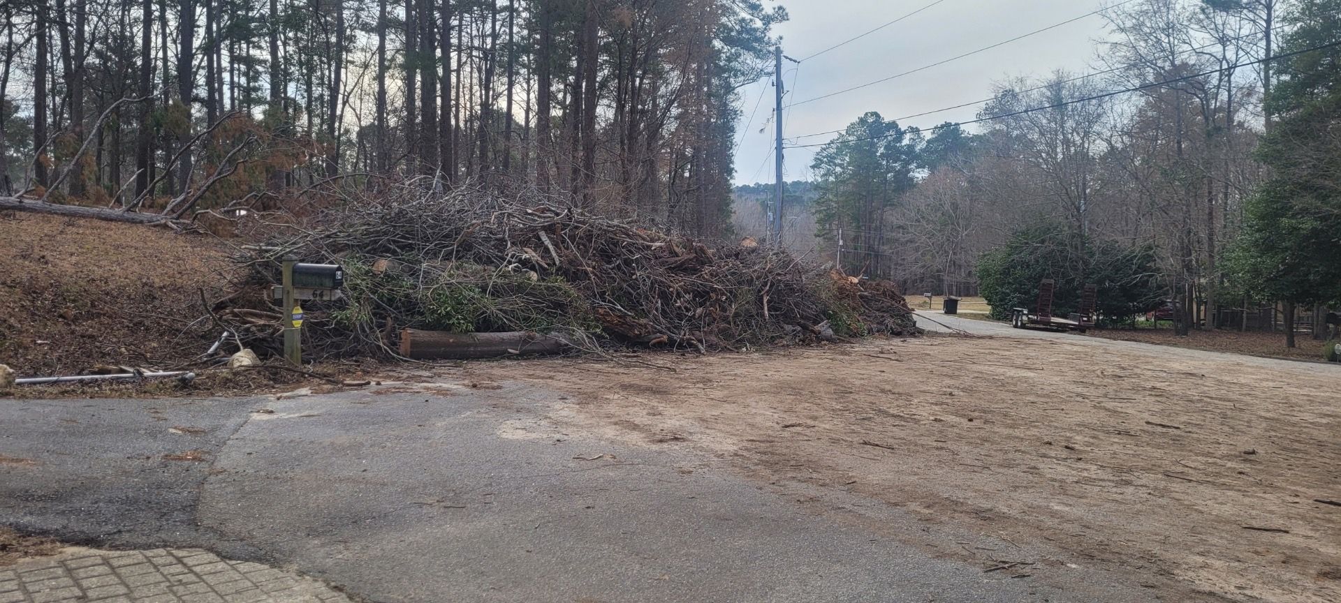 A pile of wood is sitting on the side of a dirt road.