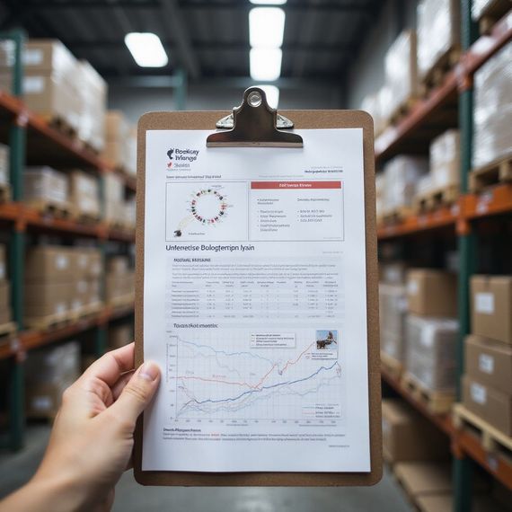 Persona che tiene in mano un blocco appunti con i dati di inventario in un magazzino. Gli scaffali sono pieni di scatole.