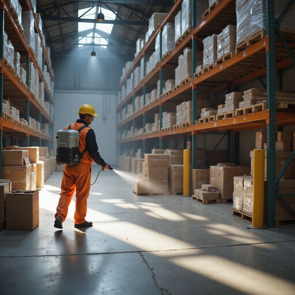 Persona con equipaggiamento protettivo che spruzza disinfettante in un magazzino con scatole e scaffali impilati.