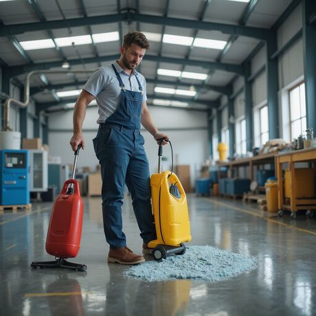 Uomo in tuta in una fabbrica, con in mano una macchina per la pulizia dei pavimenti rossa e gialla.