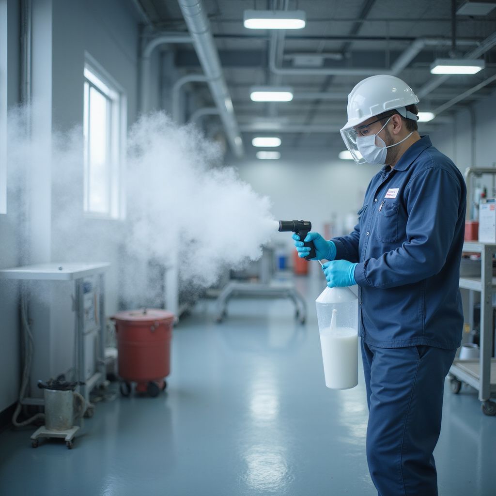 Uomo con equipaggiamento protettivo che spruzza disinfettante in una fabbrica.