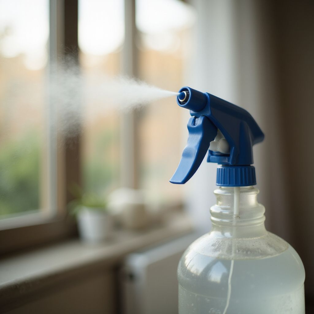 Flacone spray blu che eroga nebbia davanti a una finestra.