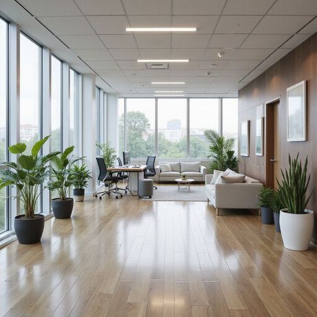 Corridoio luminoso con ampie finestre, pavimenti in legno, piante e zona salotto.