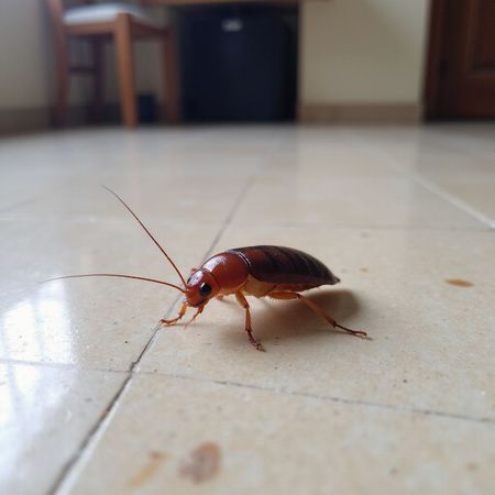 Uno scarafaggio su un pavimento piastrellato, di colore rosso-marrone e con lunghe antenne, in una stanza.