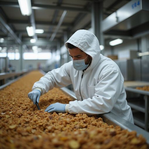 Persona con equipaggiamento protettivo che ispeziona un prodotto alimentare su un nastro trasportatore in una fabbrica.