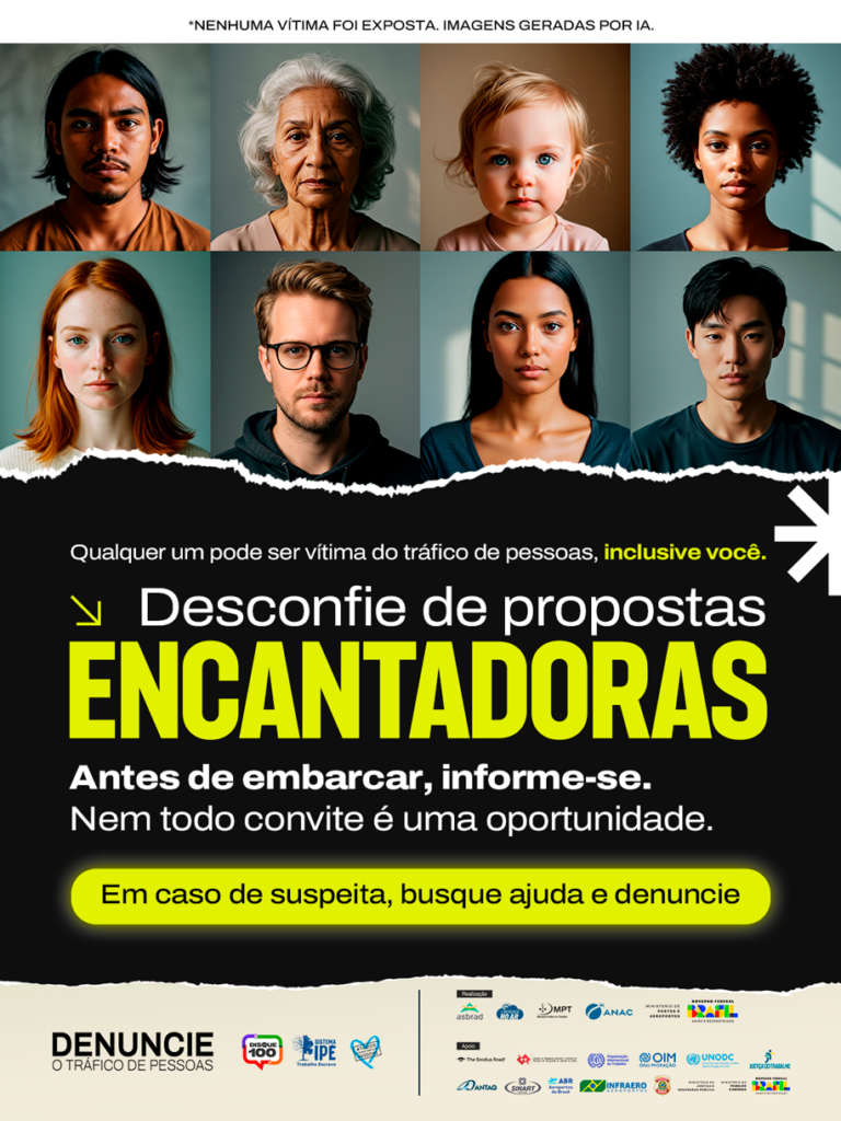 Cartaz de conscientização contra o tráfico de pessoas e o texto: 