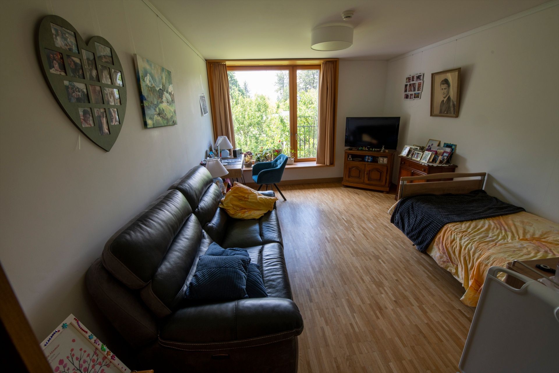 Un salon avec un canapé, un lit, un bureau et une télévision.