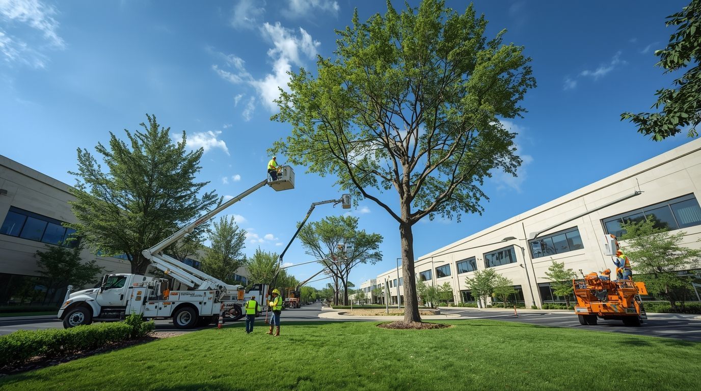 Two utility trucks trimming a tree, workers in vests, sunny day, commercial setting.