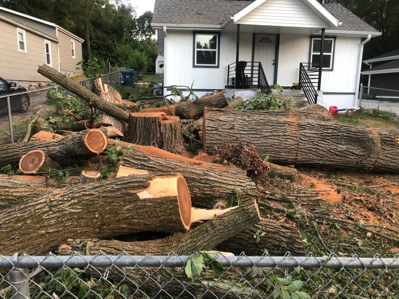 Logs and tree debris scattered near a white house with black trim.