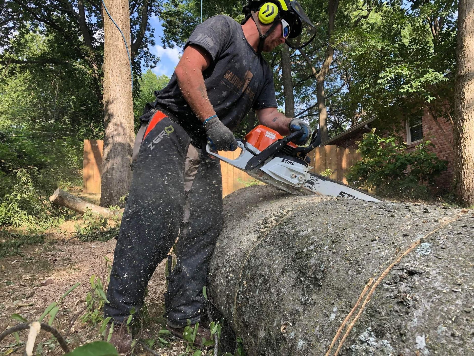 Arborist using a chainsaw on a large log, wearing protective gear outdoors.