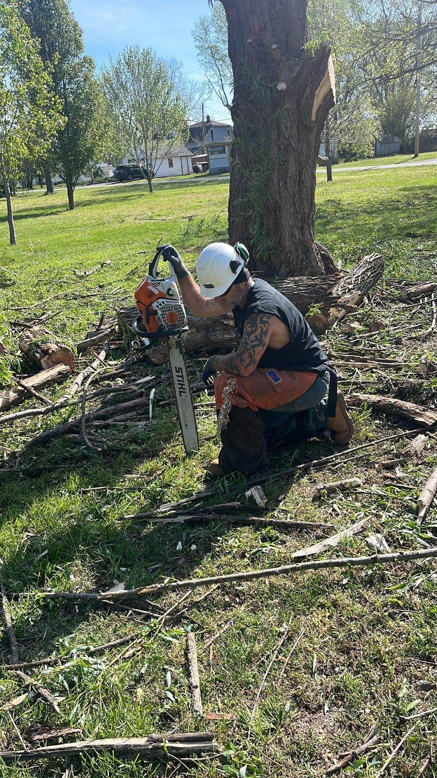 Arborist kneeling, sharpening a chainsaw next to a tree in a park.