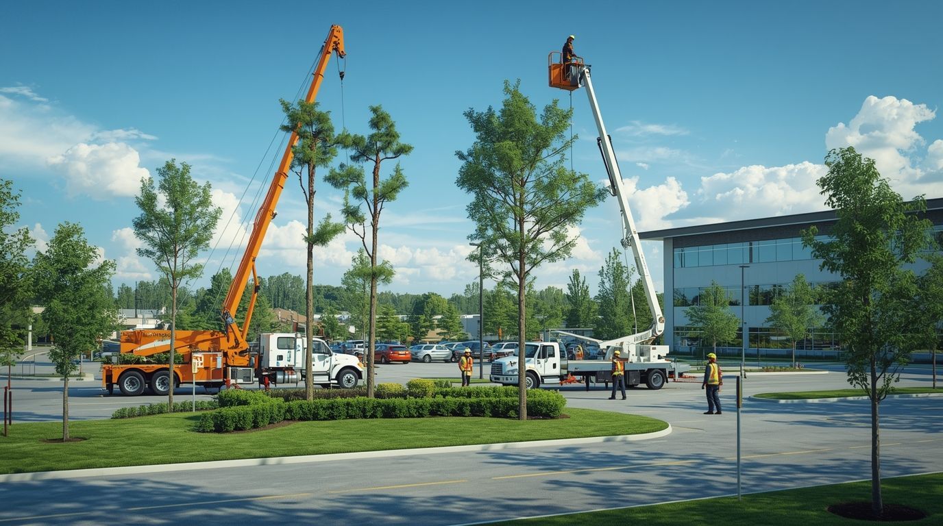Tree trimming crew working on a large tree with a truck and bucket lift on a grassy lawn.
