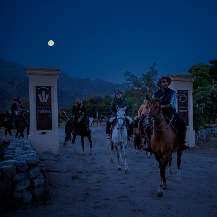 Un grupo de personas monta a caballo por un camino de tierra por la noche.