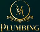 A gold, ornate logo featuring the letters VM inside a circular frame, above the gold text "PLUMBING" on a dark background.
