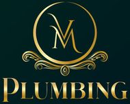 A gold, ornate logo featuring the letters VM inside a circular frame, above the gold text "PLUMBING" on a dark background.