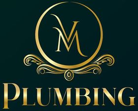 A gold, ornate logo featuring the letters VM inside a circular frame, above the gold text "PLUMBING" on a dark background.