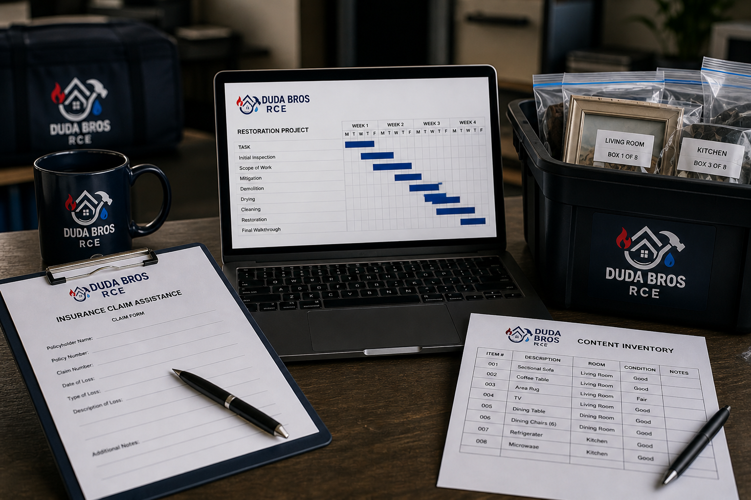 Laptop showing a calendar schedule beside branded notebooks, mugs, and a pen on a desk