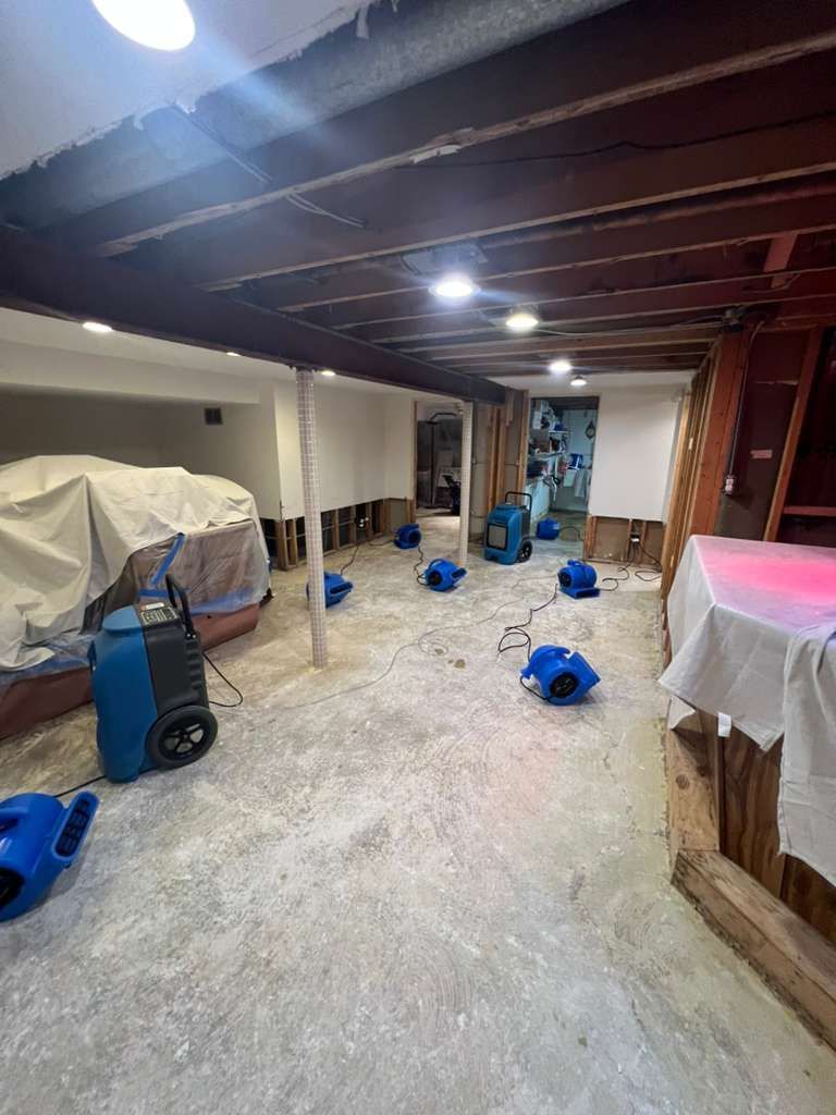 Basement with duct cleaning equipment and blue blower fans spread across a dusty floor.