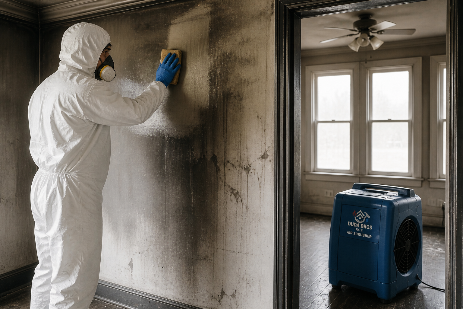 Worker in white protective suit cleaning a smoke-damaged wall with a blue sponge in a room with a dehumidifier.