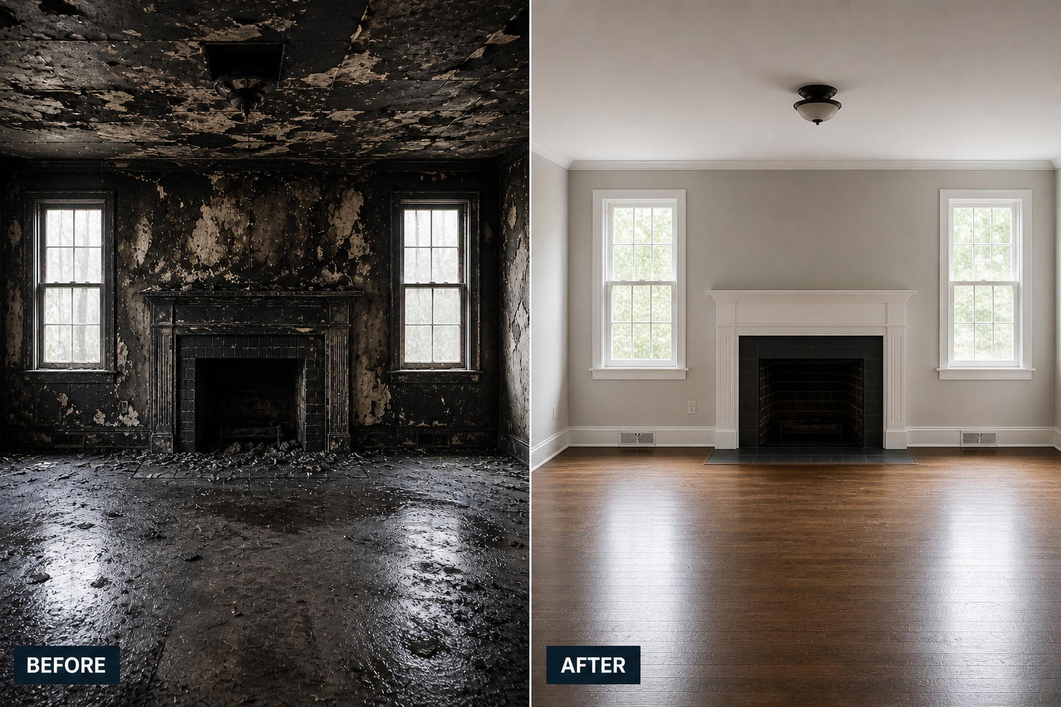 Side-by-side before-and-after of a fire-damaged room restored to a clean, bright interior.