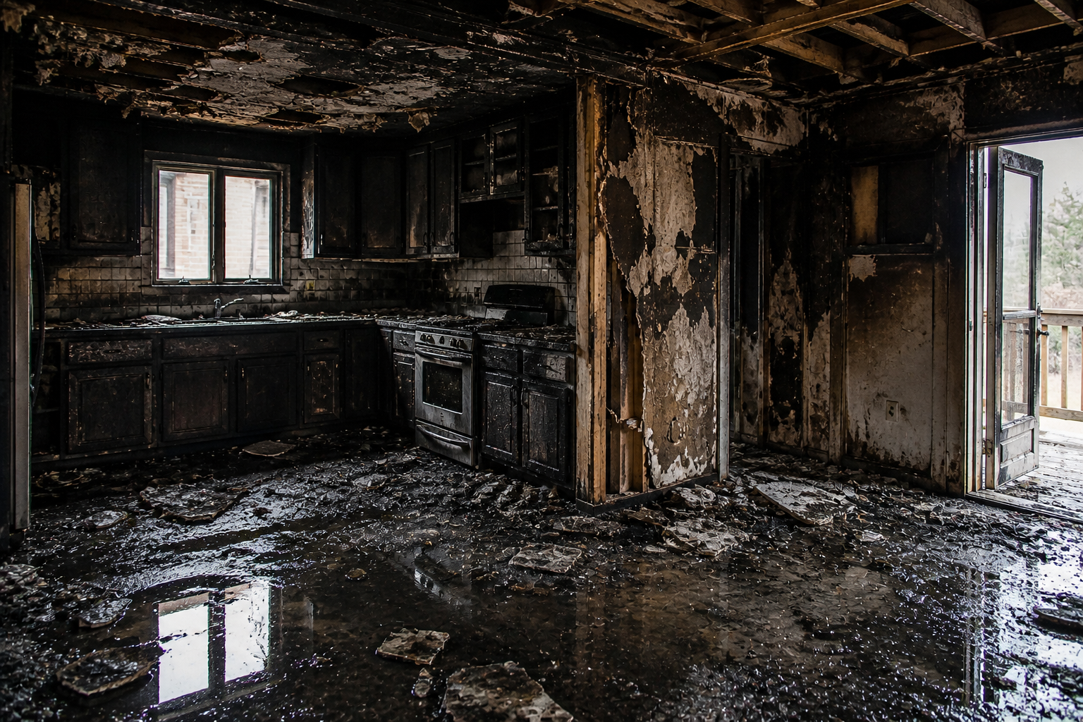 Burned-out room with charred walls, damaged cabinets, and a wet floor reflecting light from windows