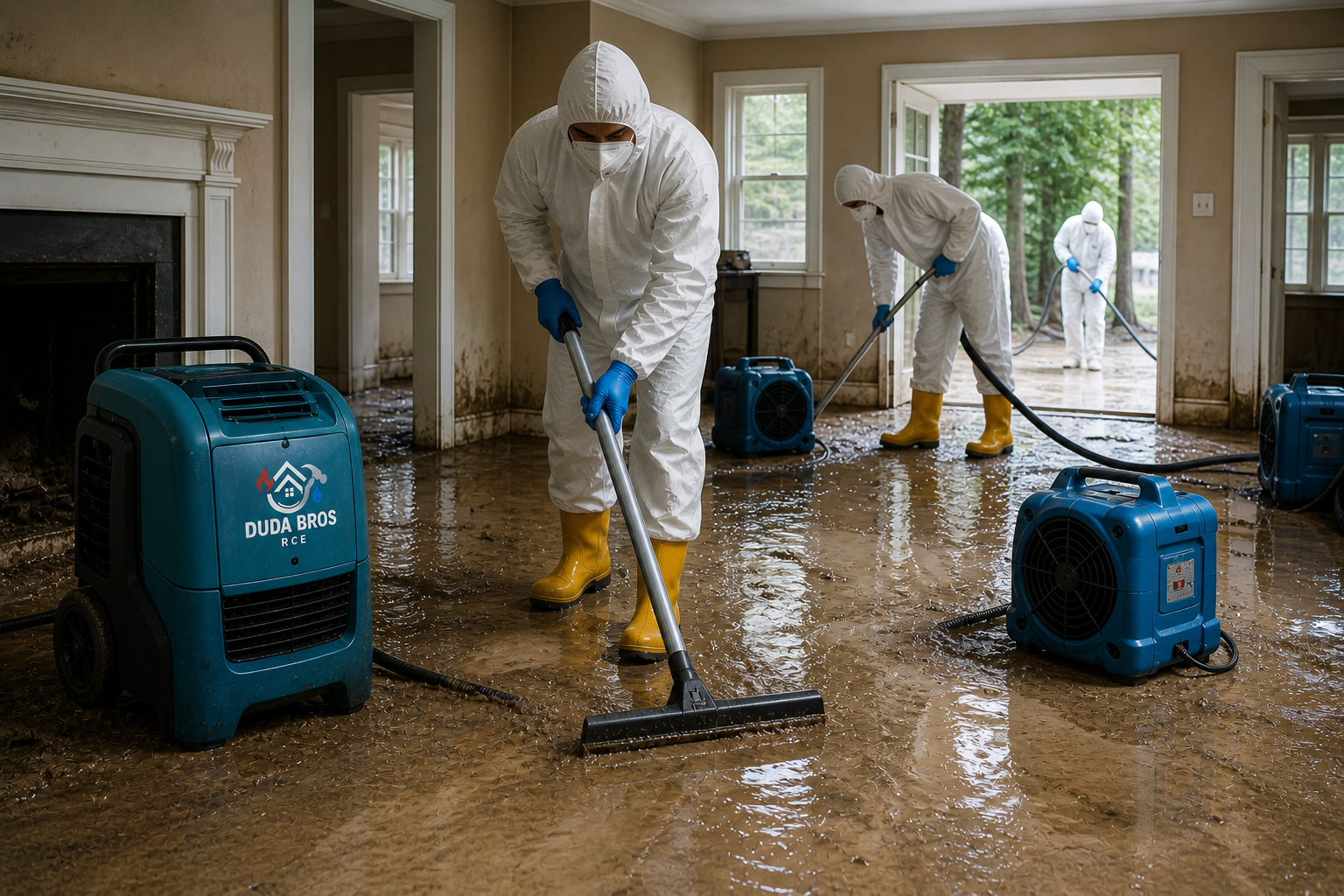 Workers in white hazmat suits cleaning floodwater in a house with blue drying machines