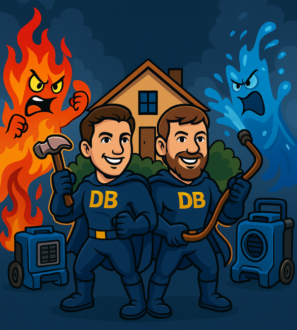 Two smiling podcast hosts in blue “DB” shirts stand before a house, flanked by fire and water characters.