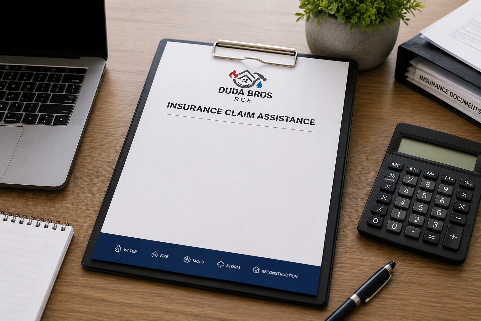 Clipboard with insurance claims form on desk beside laptop, calculator, pen, and potted plant.
