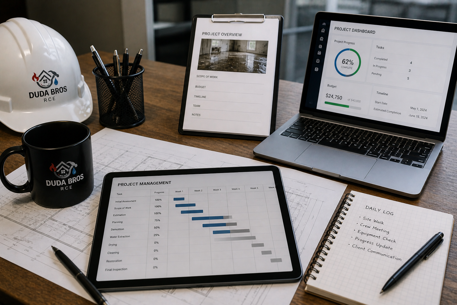 Desk with laptop, tablet, notebook, mug, and papers showing charts and task lists