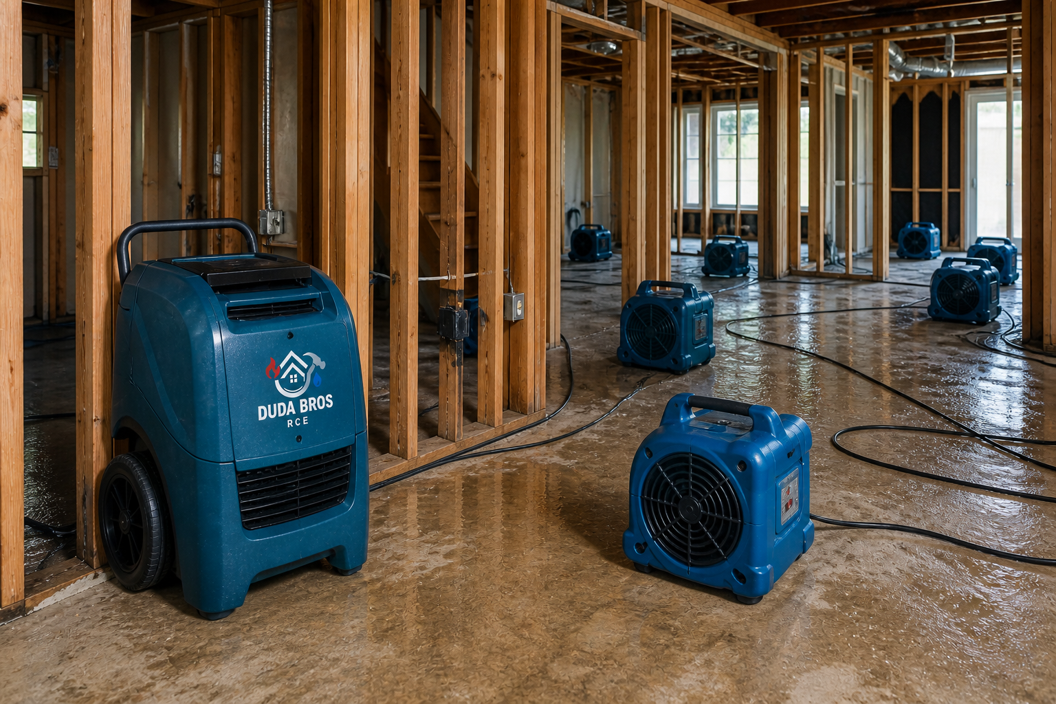 Blue dehumidifiers in a framed house under construction, drying a wet concrete floor.