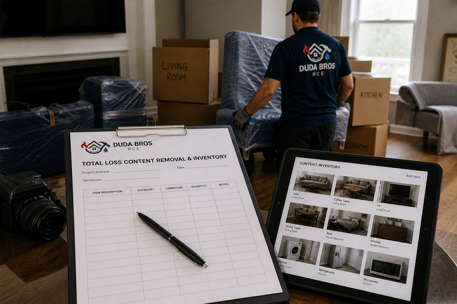 Moving boxes in a living room, with a checklist clipboard and laptop in the foreground.
