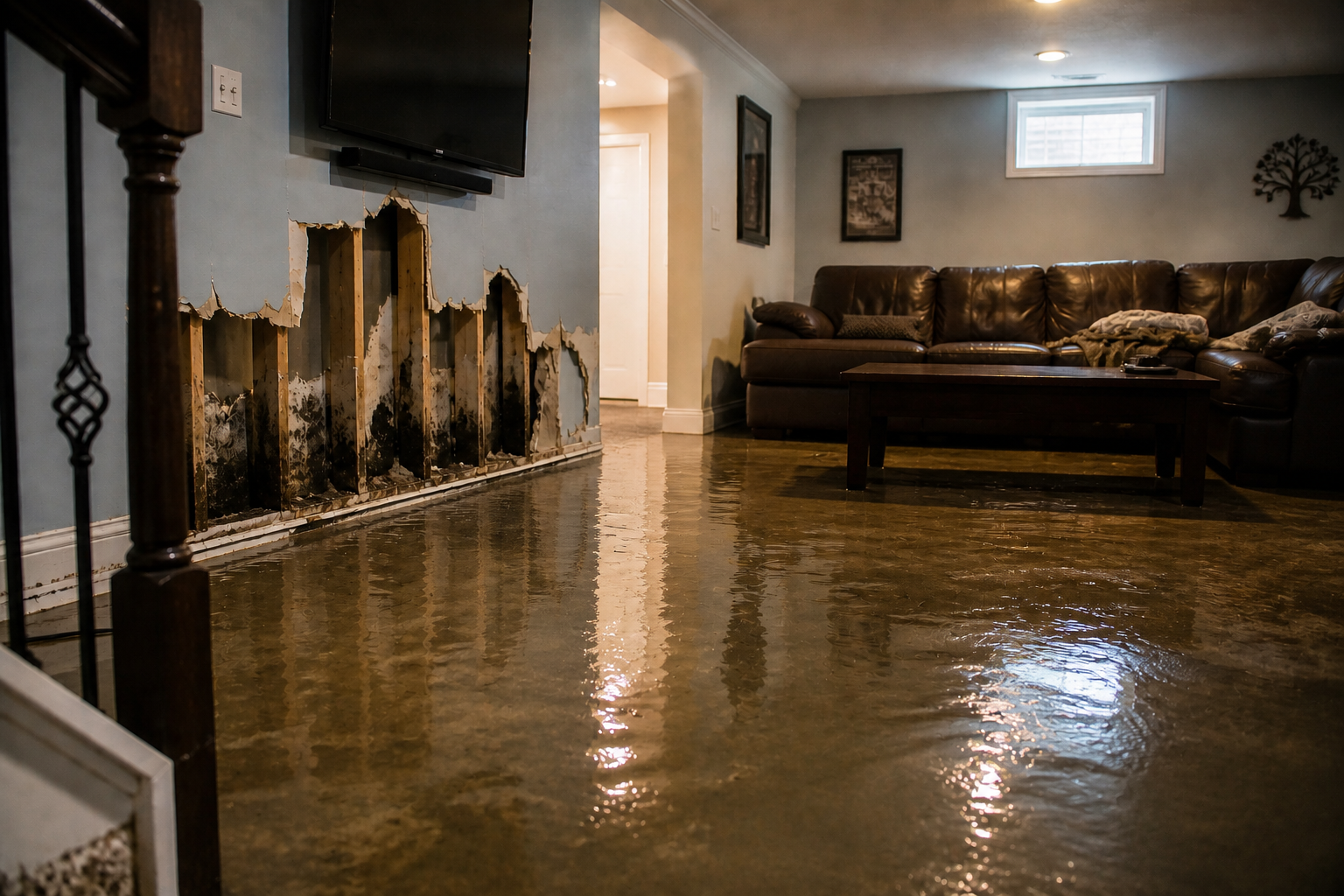 Flooded living room with glossy water covering the floor, fireplace on the left, and a brown sofa in the back.