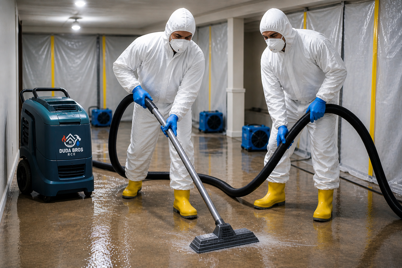 Two workers in white protective suits clean a wet floor with a vacuum in a large room.