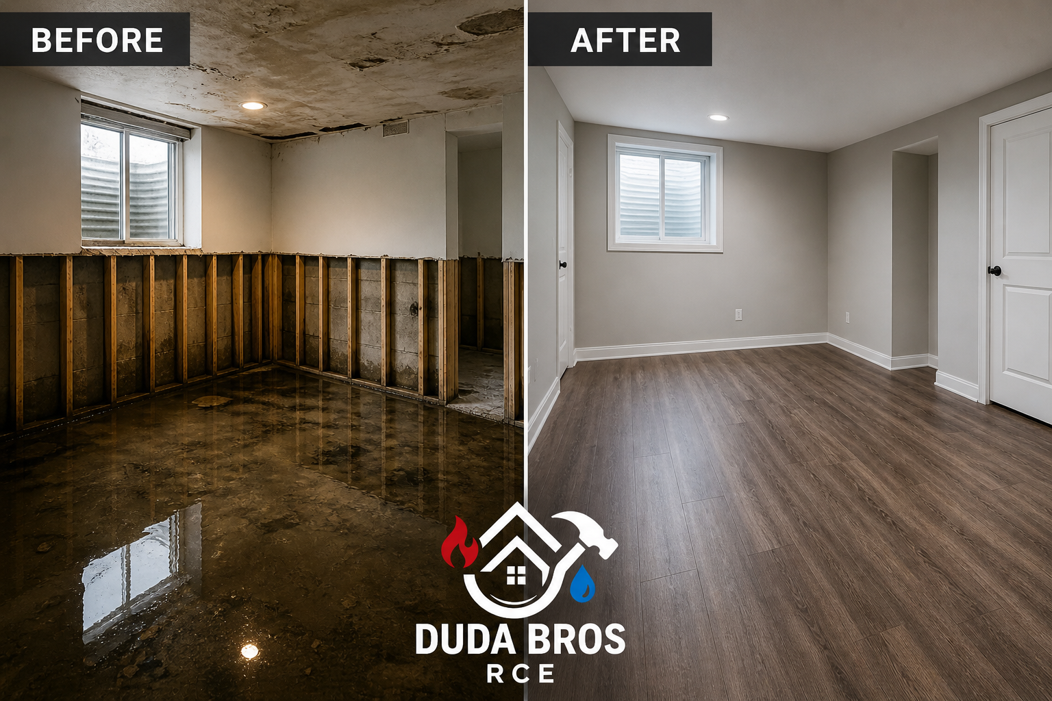 Flooded basement before and after renovation, with water removed and finished walls and flooring.