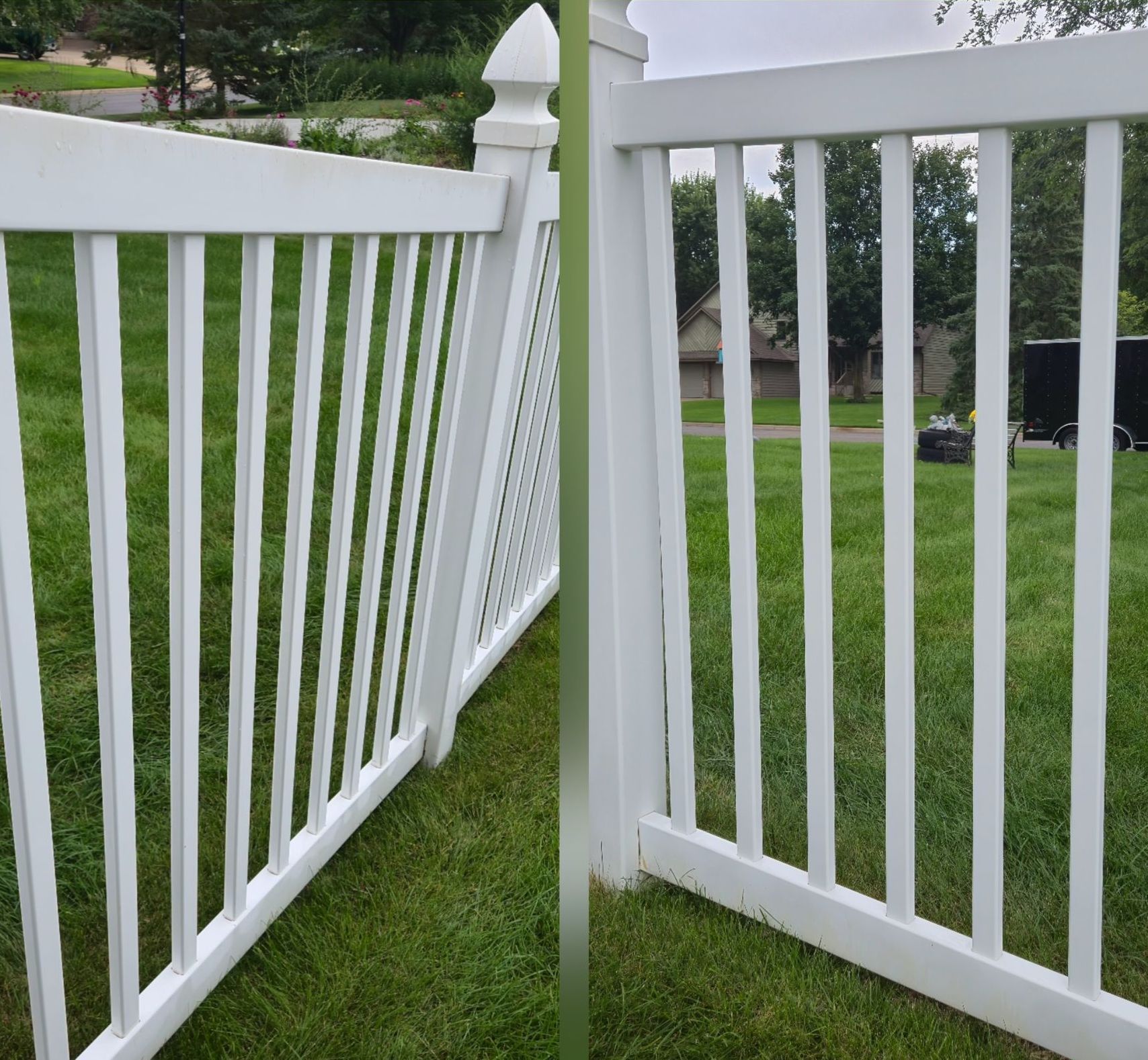 A white vinyl fence with a leaning section on green grass, leading to an open gate in a yard.
