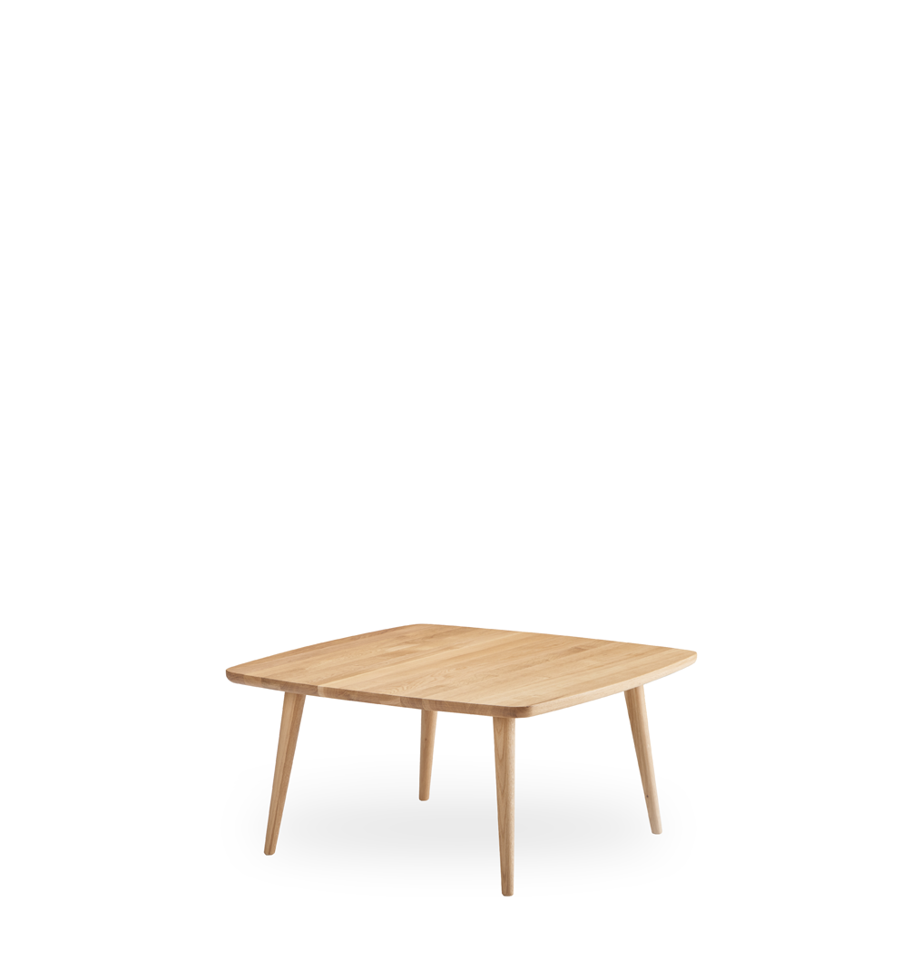 Ein kleiner Holztisch mit vier Beinen auf einem weißen Hintergrund.