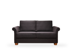 Ein schwarzes Sofa mit komfortablen Polstermöbeln und Holzbeinen auf weißem Hintergrund.