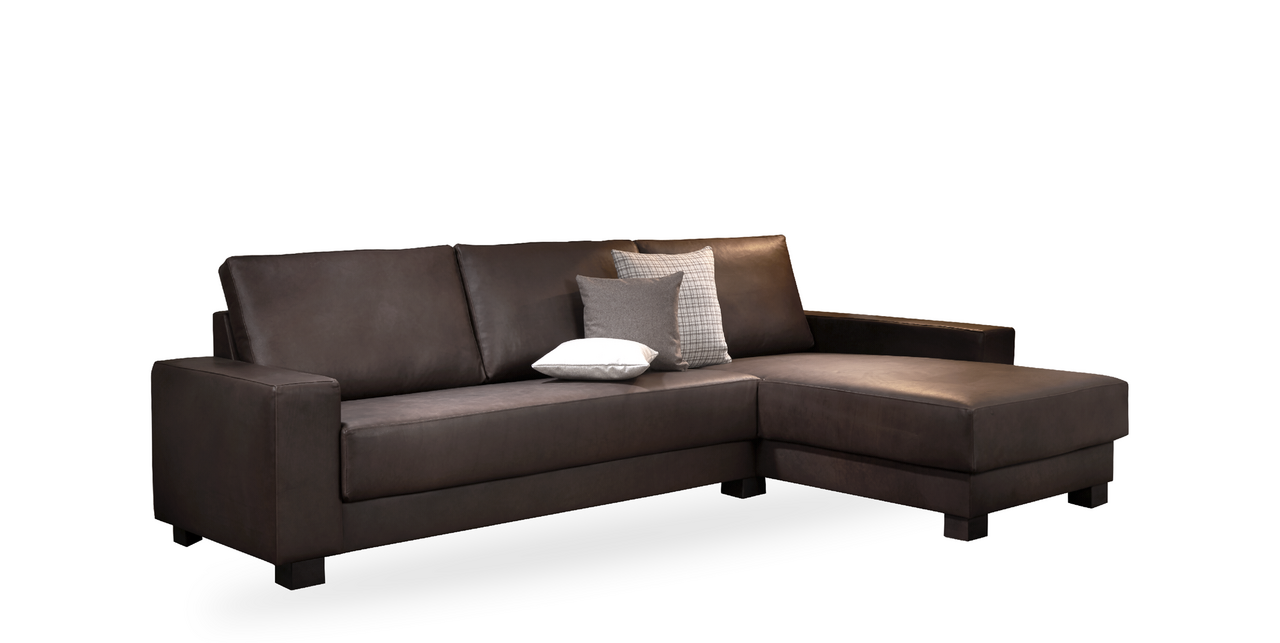 Eine braunes komfortables Sofa mit Kissen darauf.