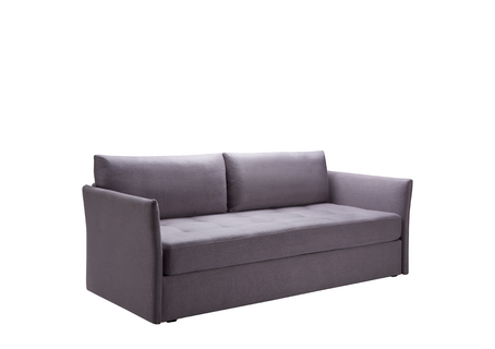 Eine graue Liege mit zwei Kissen auf weißem Hintergrund