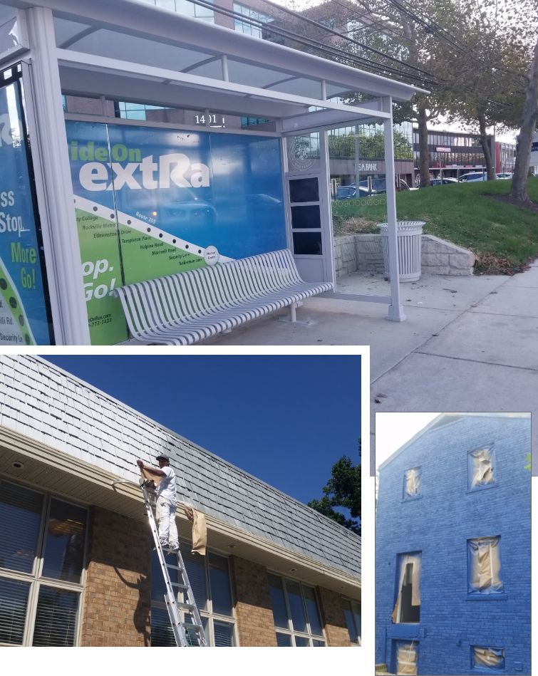 A three-part collage shows a bus shelter, a painter on a ladder working on building trim, and a blue-painted brick wall.
