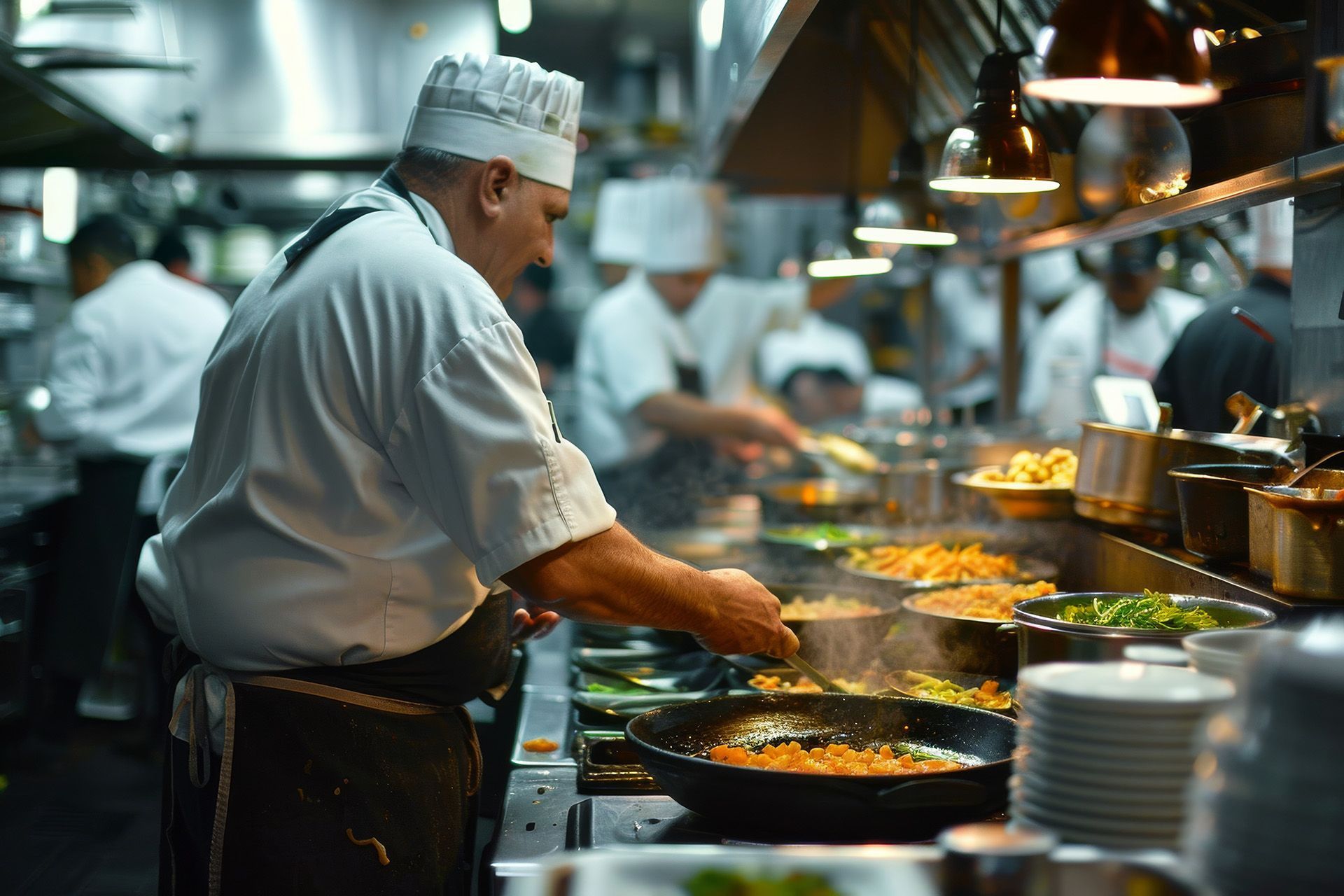 A chef is cooking food in a restaurant kitchen.