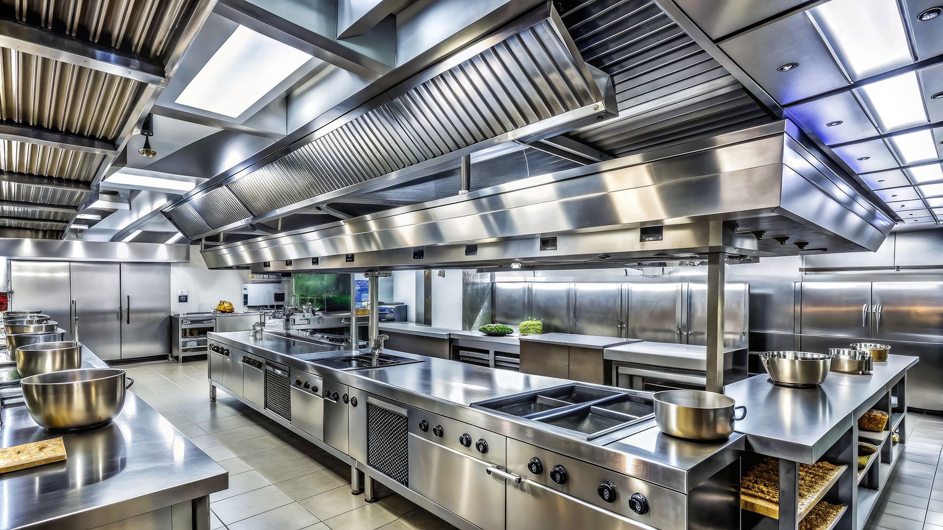 A large commercial kitchen filled with stainless steel appliances and pots and pans.